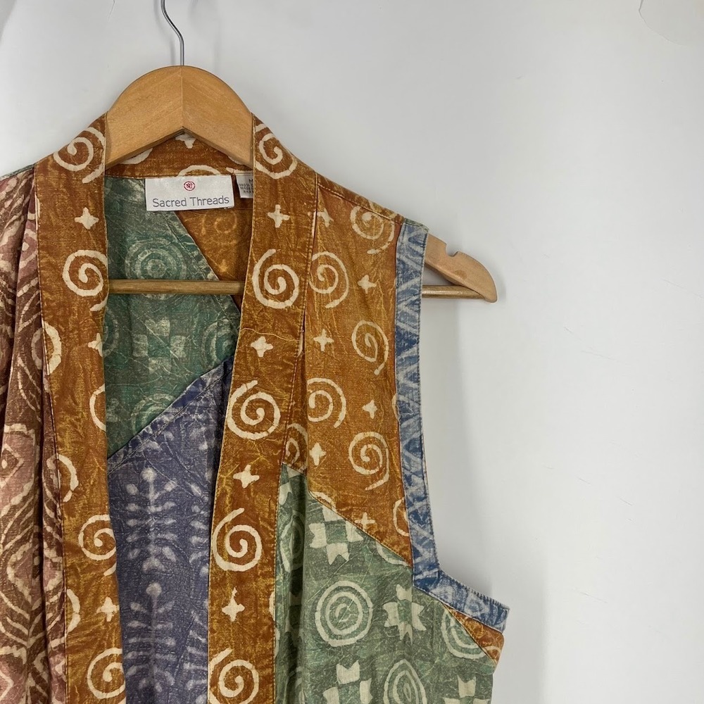 Sacred Threads Womens M Patchwork Batik Cotton Duster Vest Sleeveless Cardigan - Picture 7 of 15